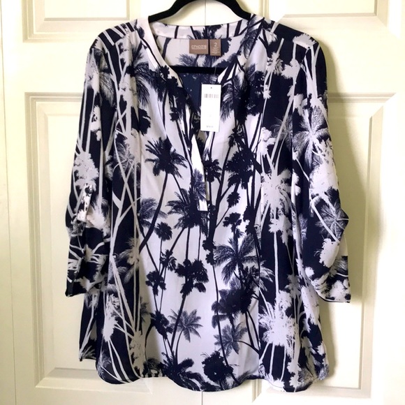 CHICO’S MIDNIGHT BLUE TROPICAL NIGHTS BLOUSE - Picture 1 of 7